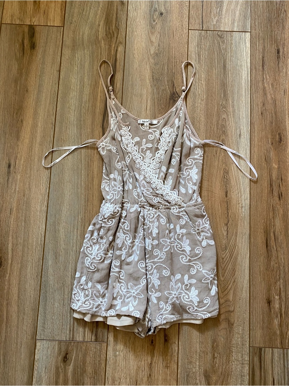 Papaya Beige Lace Floral Romper with White Embroidery